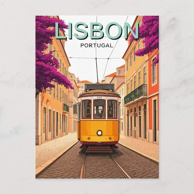 Lissabon Portugal Gult Tram Postcard Vykort (Framsida)