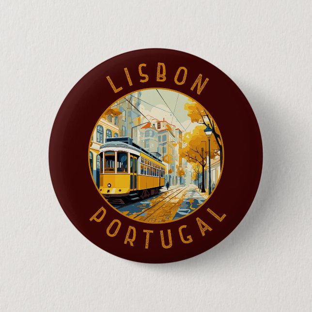 Lissabon Portugal Gult Tram Retro Distress Knapp (Framsida)