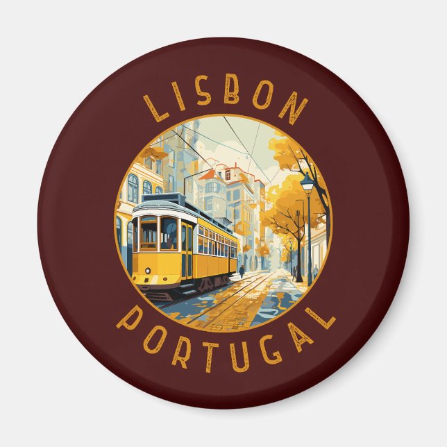 Lissabon Portugal Gult Tram Retro Distress Magnet (Framsidan)