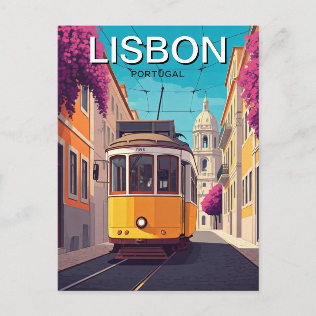 Lissabon Portugal Gult Tram Romantic Anime Stil Vykort (Framsida)