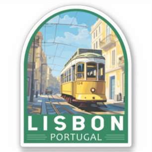 Lissabon Portugal Gult Tram Travel Art Vintage Klistermärken