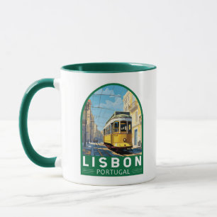 Lissabon Portugal Gult Tram Travel Art Vintage Mugg