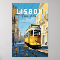 Lissabon Portugal Gult Tram Travel Art Vintage