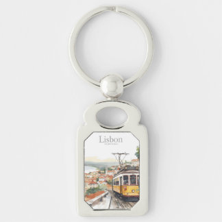 Lissabon Portugal siluett - Vintage spårvagn Resko Rektangulärt Silverfärgad Nyckelring