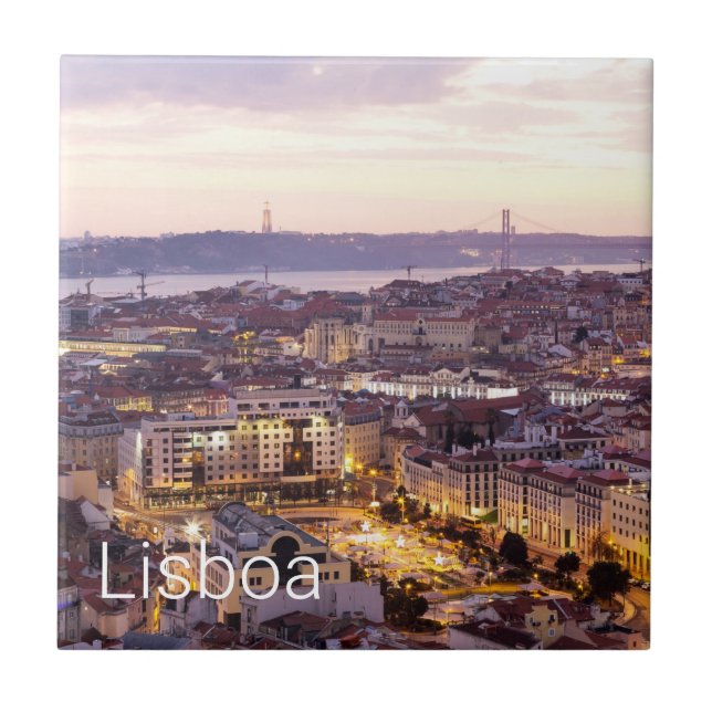 Lissabon Portugal Sunset Skyline Cityscape Souveni Kakelplatta (Framsidan)