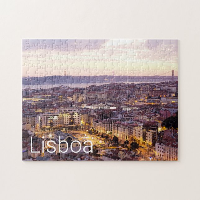 Lissabon Portugal Sunset Skyline Cityscape Souveni Pussel (Horisontell)