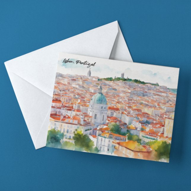 Lissabon Portugal Vattenfärg Panorama Utsikt Vykort (lisbon portugal panorama watercolor postcard)