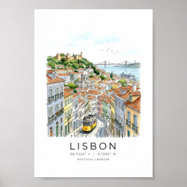 Lissabon stadsbild i akvarellstil poster