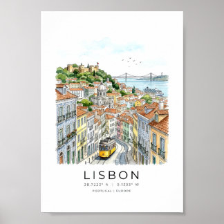 Lissabon stadsbild i akvarellstil poster