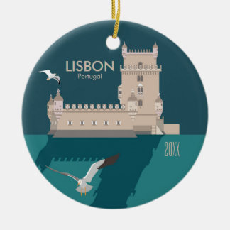 Lissabon Torn i Belem i vintage affisch stil Julgransprydnad Keramik