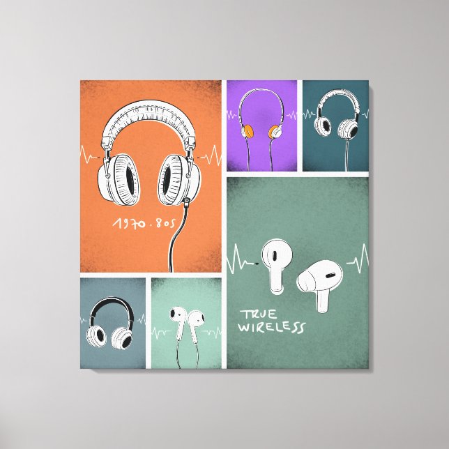 Listening Through Time – Headphones Evolution Canvastryck (Framsida)