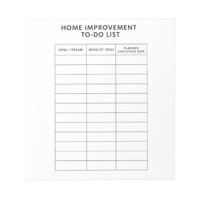 Listplanering för hemförbättring att göra anteckningsblock (Framsida)