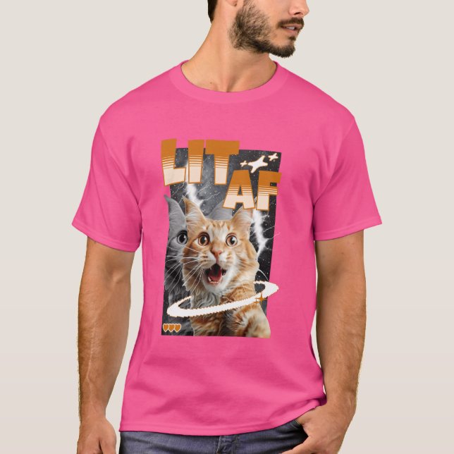 Lit Af Funny Cat Meme Ansikte Y2K Galaxy Aesthetic T Shirt (Framsida)