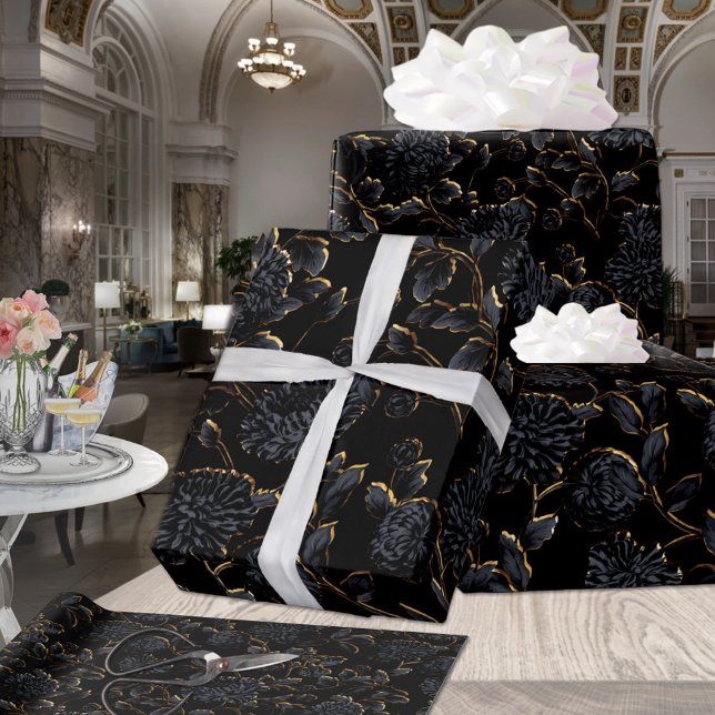 Lit by Golden Moonlight 2 Black Blommigt Toile Presentpapper (Skapare uppladdad)