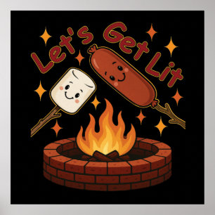 Lit Firepit - Cute Marshmallow & Hett Hund Poster
