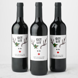 Lit Red White Reindeer Vinflaska Etikett