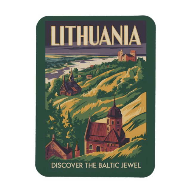 Litauen Landskapsillustration Resa Konst Retro Magnet (Vertikal)
