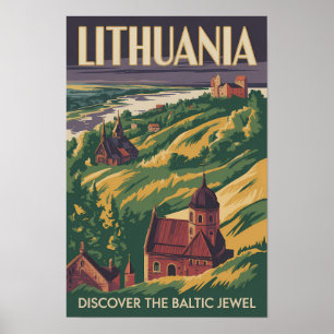 Litauen Landskapsillustration Resa Konst Retro Poster