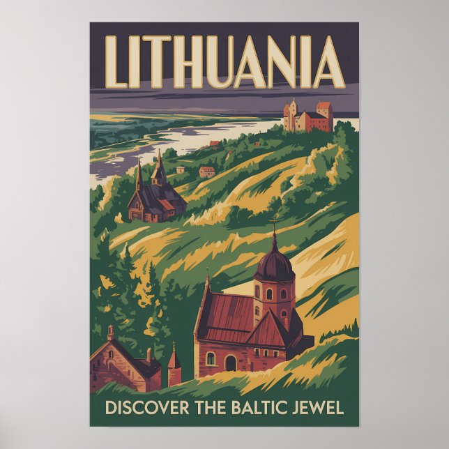 Litauen Landskapsillustration Resa Konst Retro Poster (Framsidan)