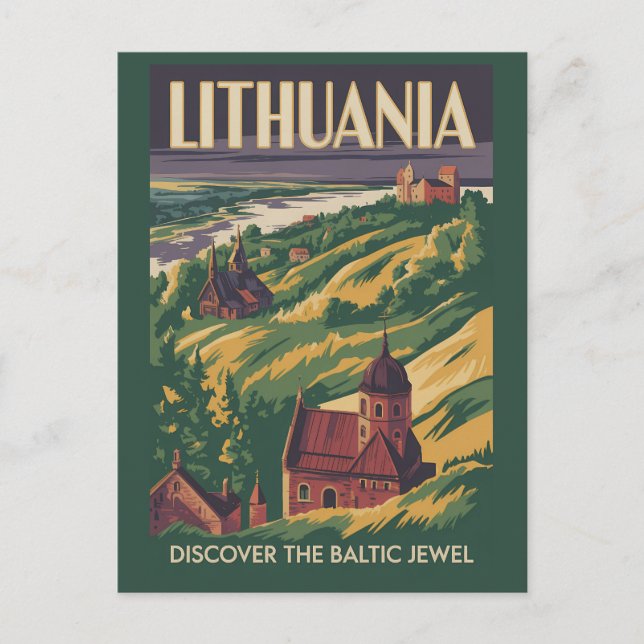 Litauen Landskapsillustration Resa Konst Retro Vykort (Framsida)