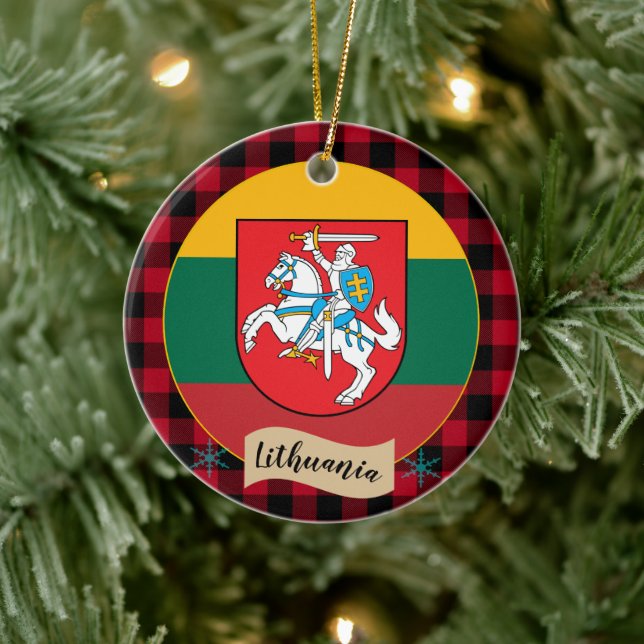 Litauen, Red buffalo plaid och litauiska Flagga Julgransprydnad Keramik (Träd)
