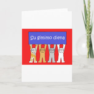 Litauisk grattis på födelsedagen, tecknadCats. Kort