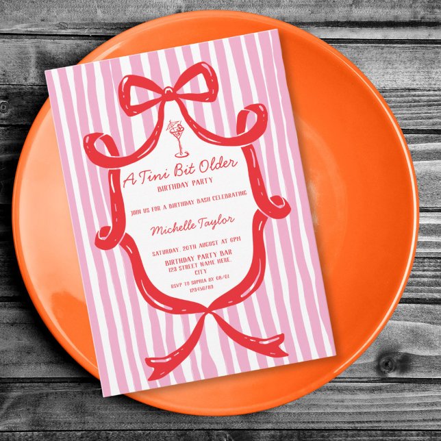 Lite äldre Whimsical Martini Vuxen Födelsedag Inbjudningar (red whimsical hand drawn bow frame with martini glass, a tini bit older birthday invitation)