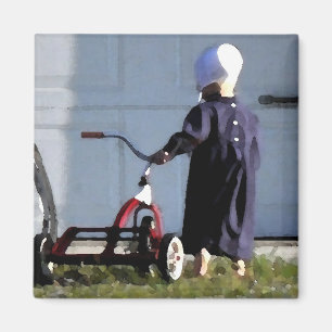 Lite Amish flicka med henne Trike-Vattenfärg Magnet