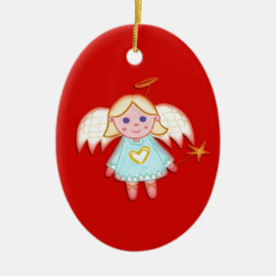 Lite ängel på rött julgransprydnad keramik