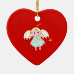 Lite ängel på rött julgransprydnad keramik