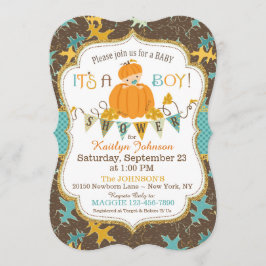 Lite baby shower för pumpapojkehöst löv inbjudningar