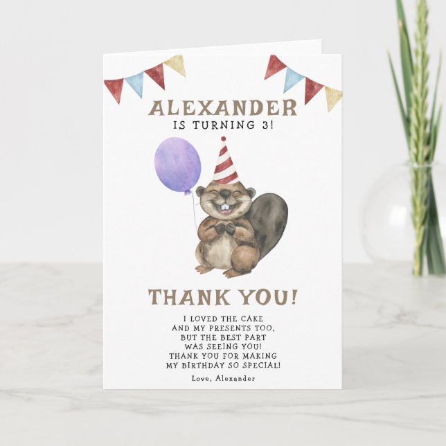 Lite Beaver 3:e Födelsedagsfesten Tack Kort (Framsida)