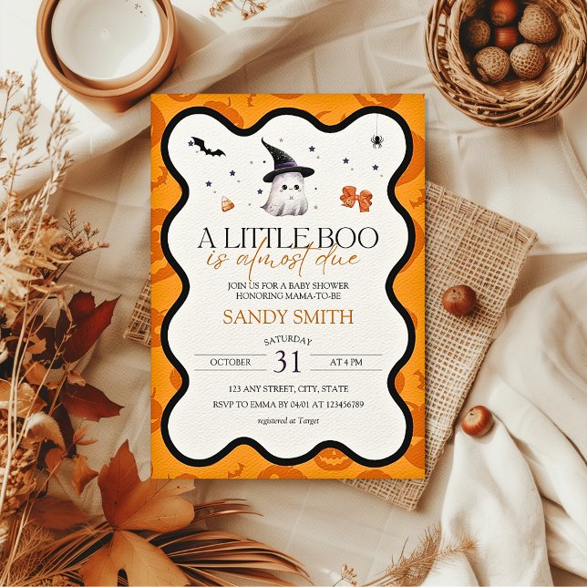 Lite boo Ghost Halloween Fall Baby Shower Inbjudningar (A little boo is almost due Fall Halloween Baby Shower Invitation)