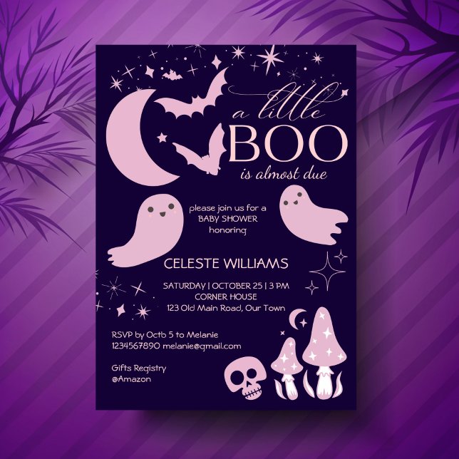 Lite boo rosa Halloween babydusch Inbjudningar (A little boo pink purple celestial Halloween baby shower Invitation template instant download)