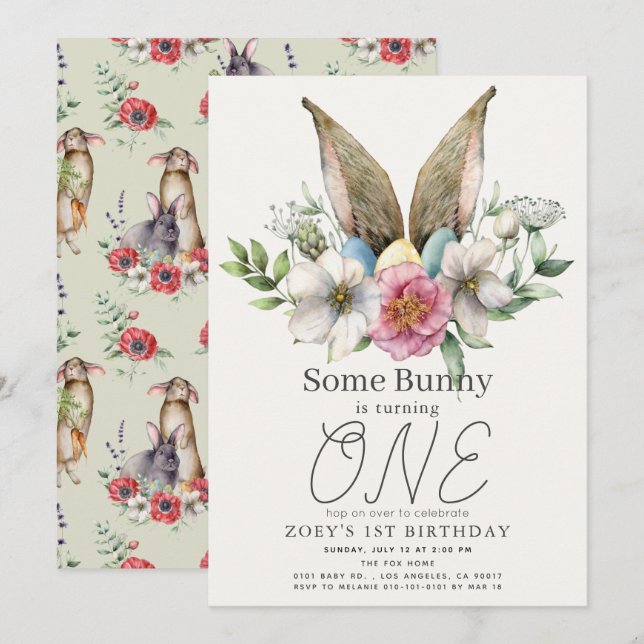 Lite Bunny Ear Blommigt Girl 1:a födelsedagen Inbjudningar (Fram/baksida)