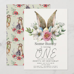 Lite Bunny Ear Blommigt Girl 1:a födelsedagen Inbjudningar