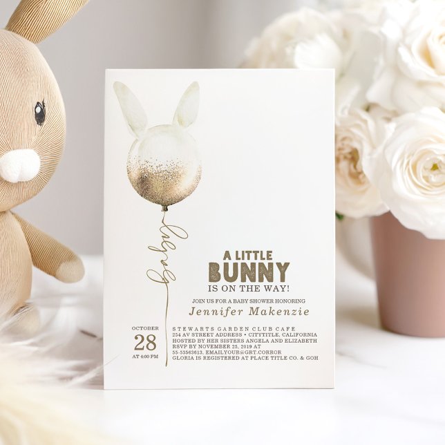 Lite Bunny Guld Balloon Elegant Vår Baby Shower Inbjudningar (A Little Bunny Brown Baby Shower Invitation)