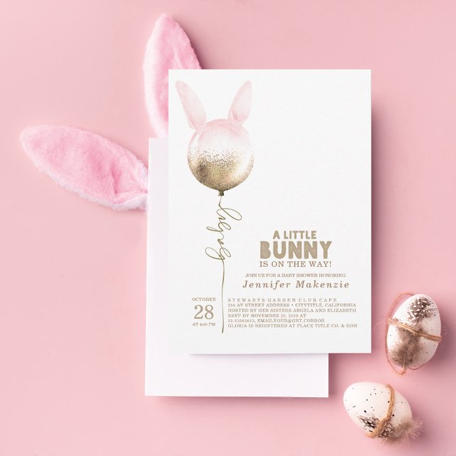Lite Bunny Guld Balloon Elegant Vår Baby Shower Inbjudningar (Skapare uppladdad)