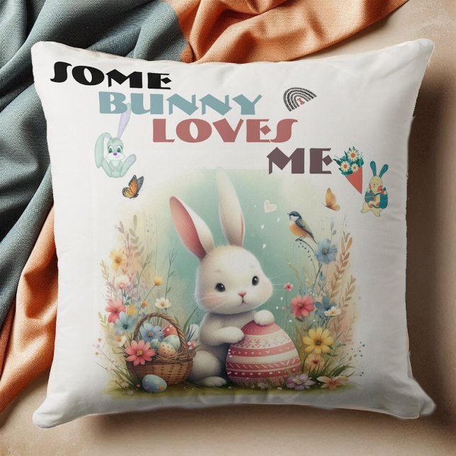 Lite Bunny Kärlek Me Blommigt Påskägg Basket Cute Kudde (Some Bunny Loves Me Floral Easter Eggs Basket Cute Throw Pillow)