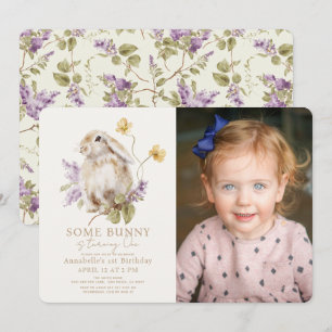 Lite Bunny Lop Lila Lilac Photo 1st Birthday Inbjudningar