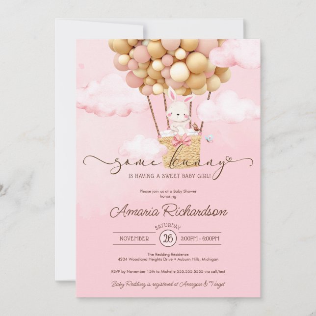 Lite Bunny Luft Balloon Rosa Cloud Girl Baby Showe Inbjudningar (Framsida)