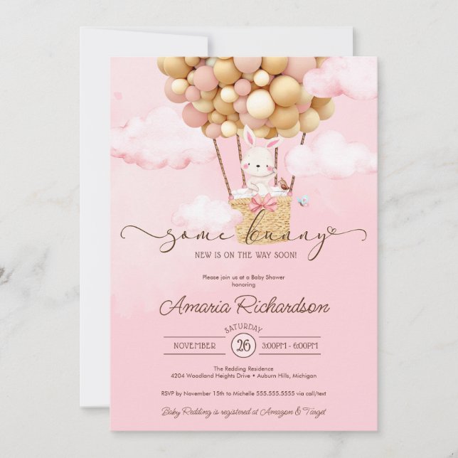 Lite Bunny Luft Balloon Rosa Vår Baby Shower Inbjudningar (Framsida)