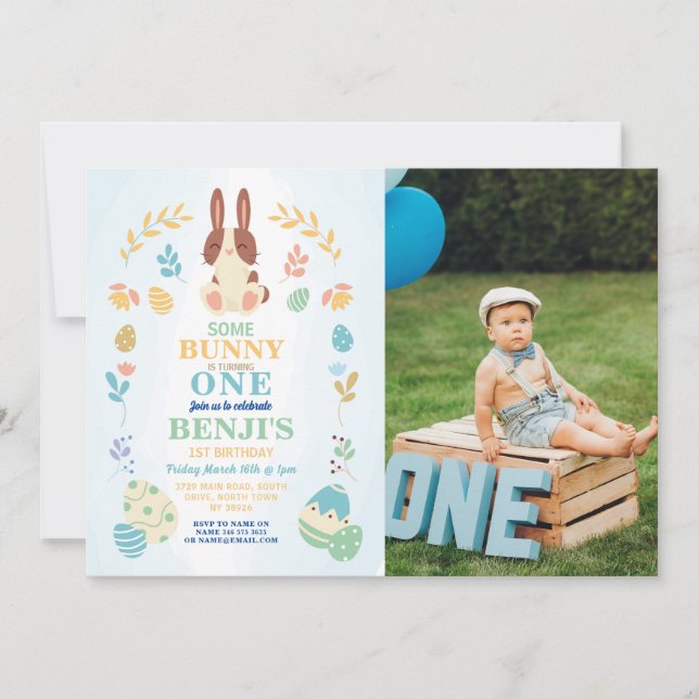 Lite Bunny Påsk 1:a Party-födelsedagfoto Inbjudan (Framsida)