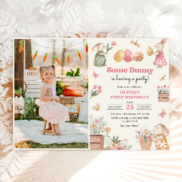 Lite Bunny Påskägg Girl First Birthday Photo Inbjudningar