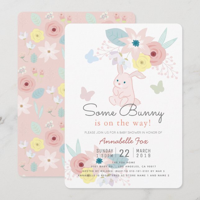 Lite Bunny Rosa Blommigt Butterfly Baby Shower Inbjudningar (Fram/baksida)