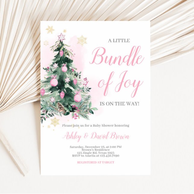 Lite bunt av Joy Jul Baby Shower Inbjudningar (Pink Christmas Tree Baby Shower Invitation)