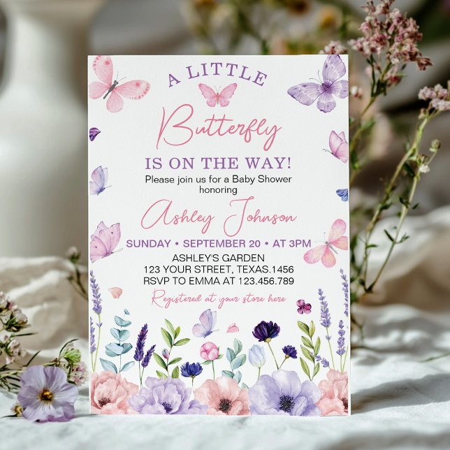 Lite Butterfly Rosa Lila Blommigt Baby Shower Inbjudningar (Skapare uppladdad)