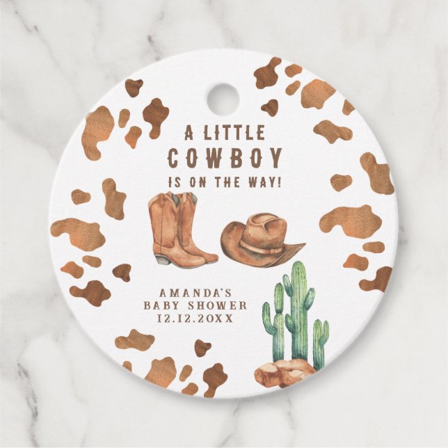 Lite Cowboy är på väg som Baby Shower Gåvor Etiketter (Framsida)