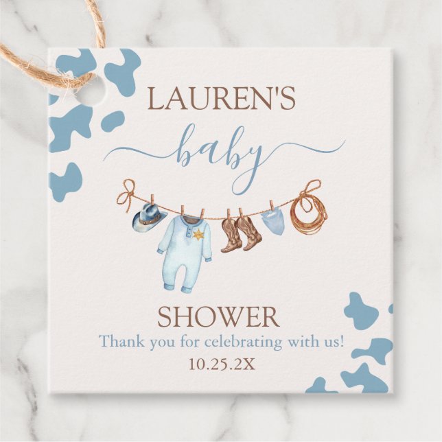 Lite Cowboy Blue Baby Shower Boy Gåvor Etiketter (Framsida)