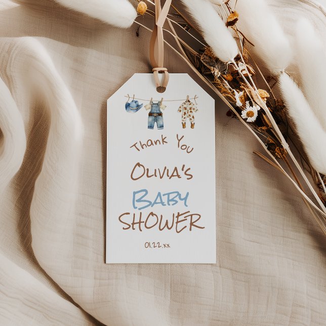 Lite Cowboy Blue Brown Clothesline Baby Shower Presentetikett (Skapare uppladdad)